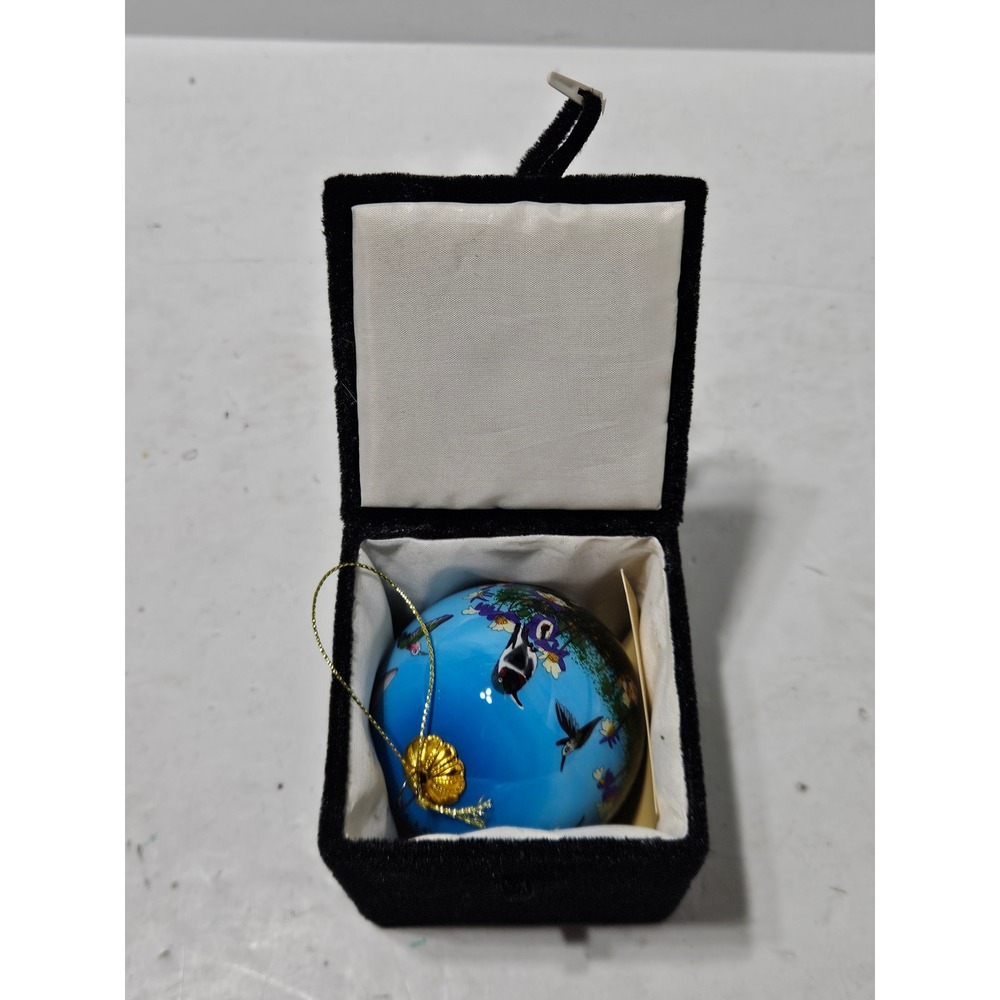 Yellowstone Inside Painted Glass Ornament Hummingbird Floral Blue Hand Painted